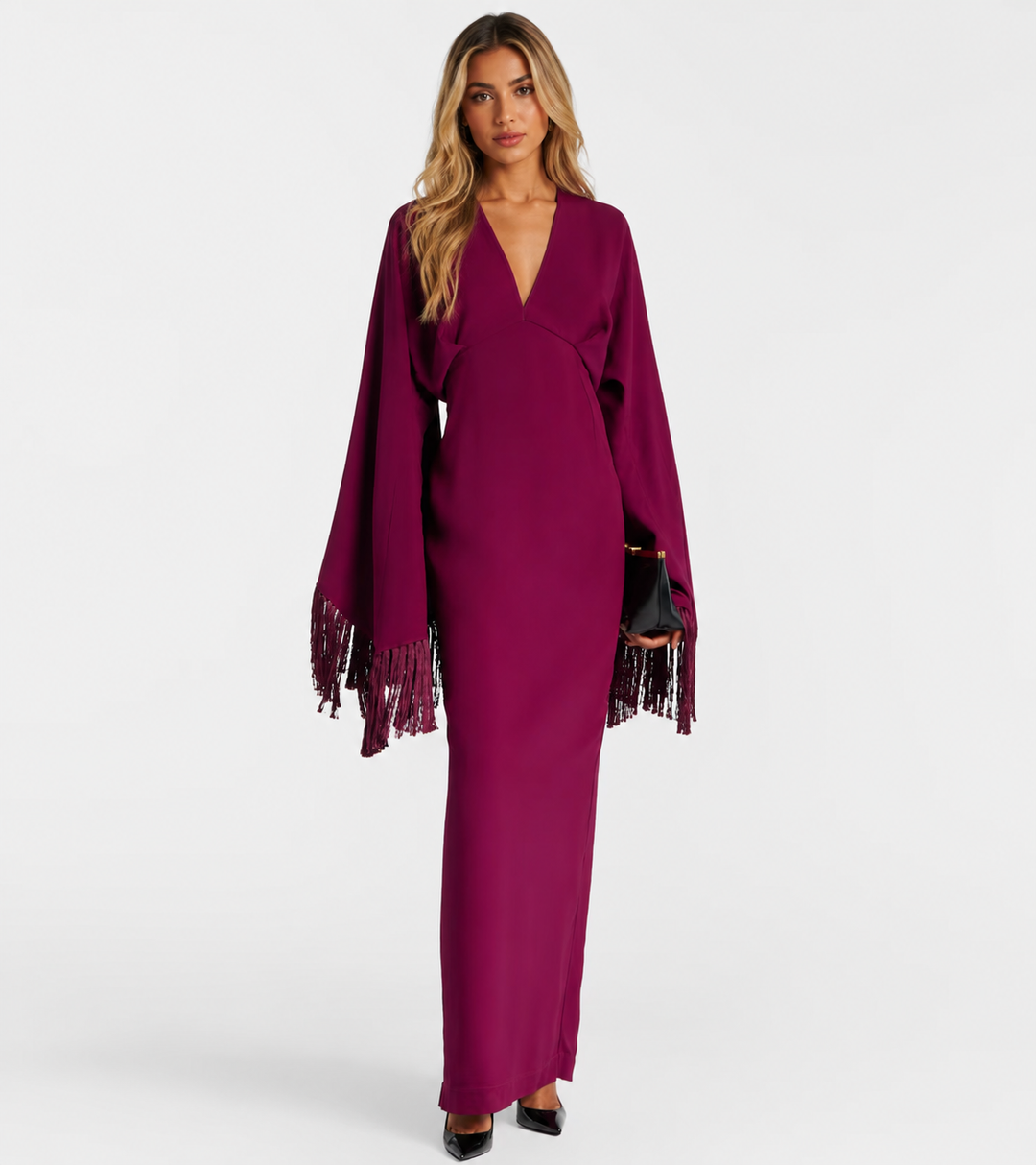 Magenta Fringe Sleeve Evening Gown - Amara