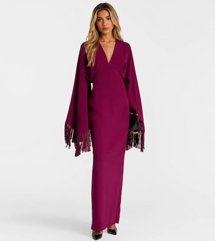 Magenta Fringe Sleeve Evening Gown - Amara