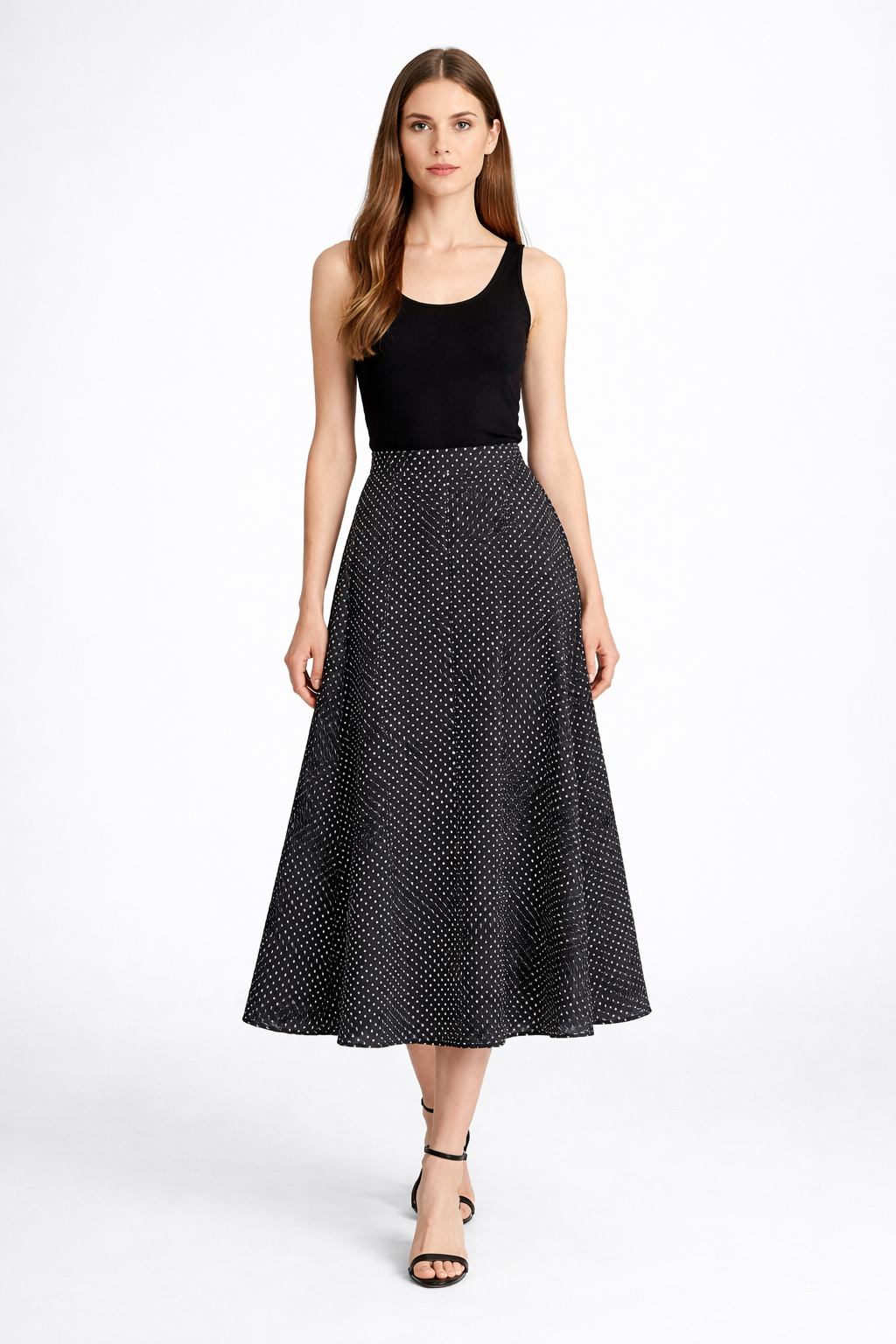 polka dot blouse and flowing midi skirt set with tie-neck – NOIR