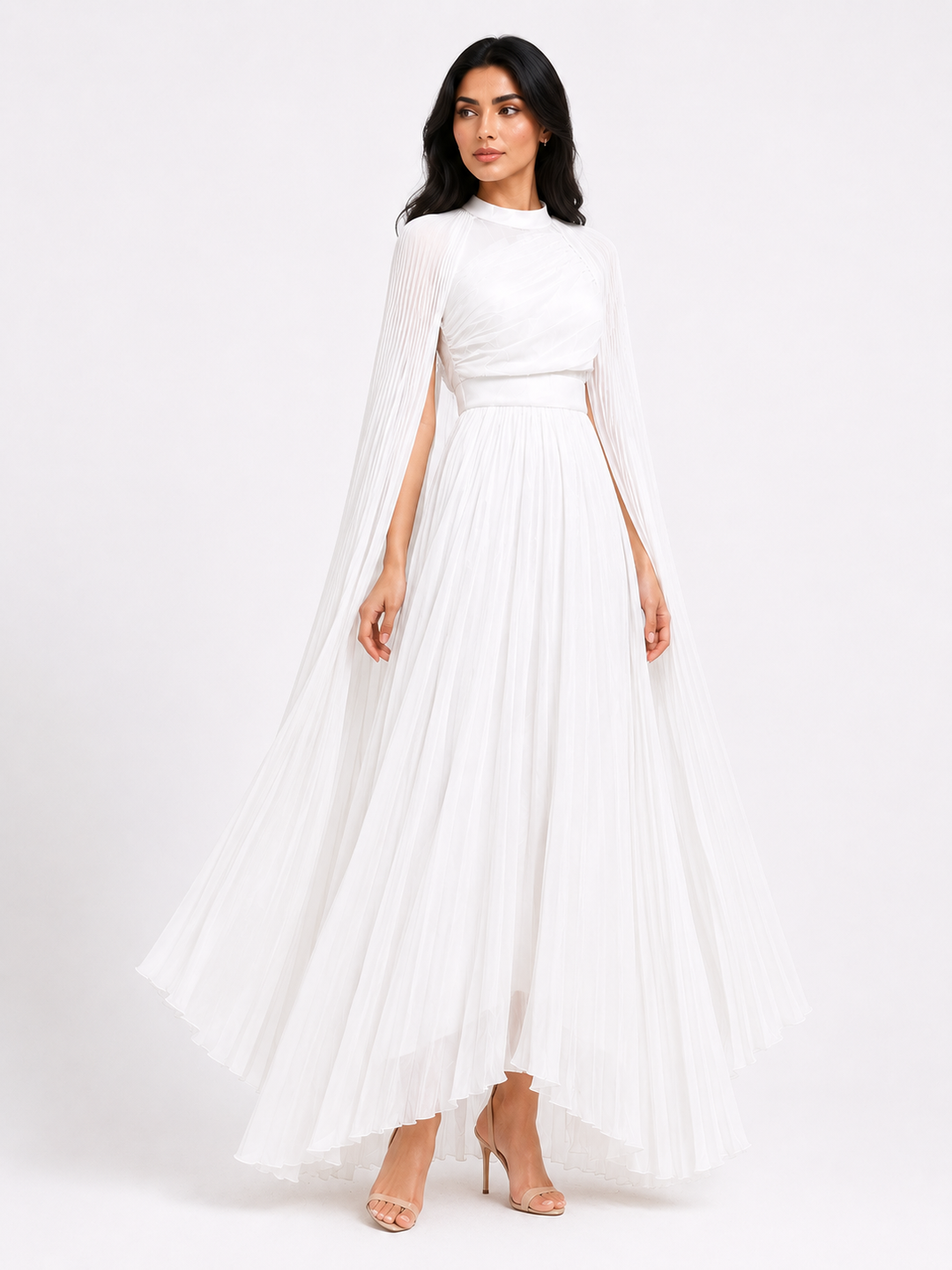 Pleated Cape Sleeve Maxi Dress - Fuchsia