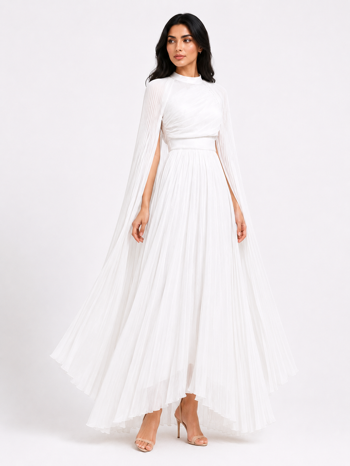 Pleated Cape Sleeve Maxi Dress - Fuchsia