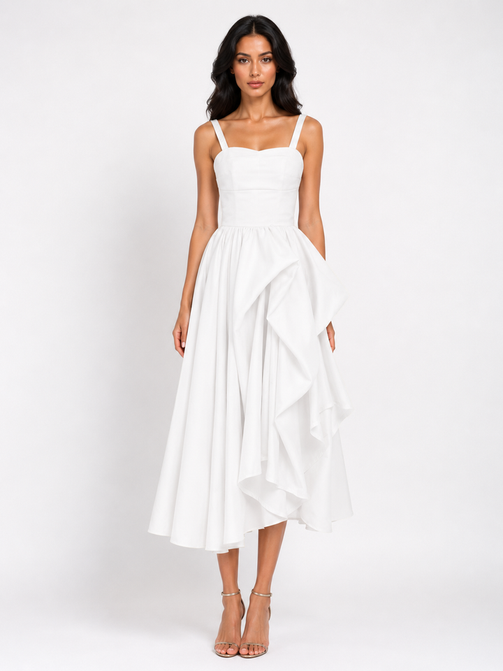 Asymmetrical Ruffle Midi Dress - Champagne
