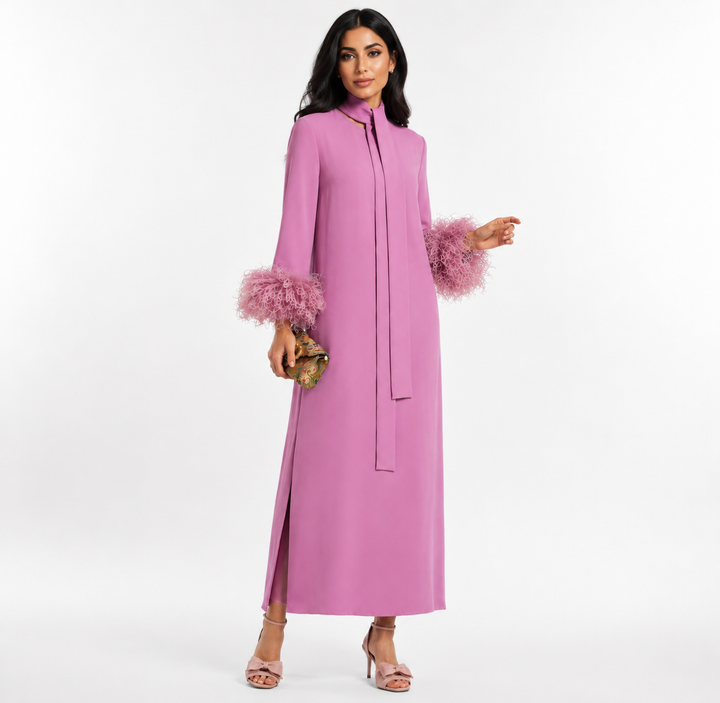 Rose Pink Feather Cuff Maxi Dress - Camellia