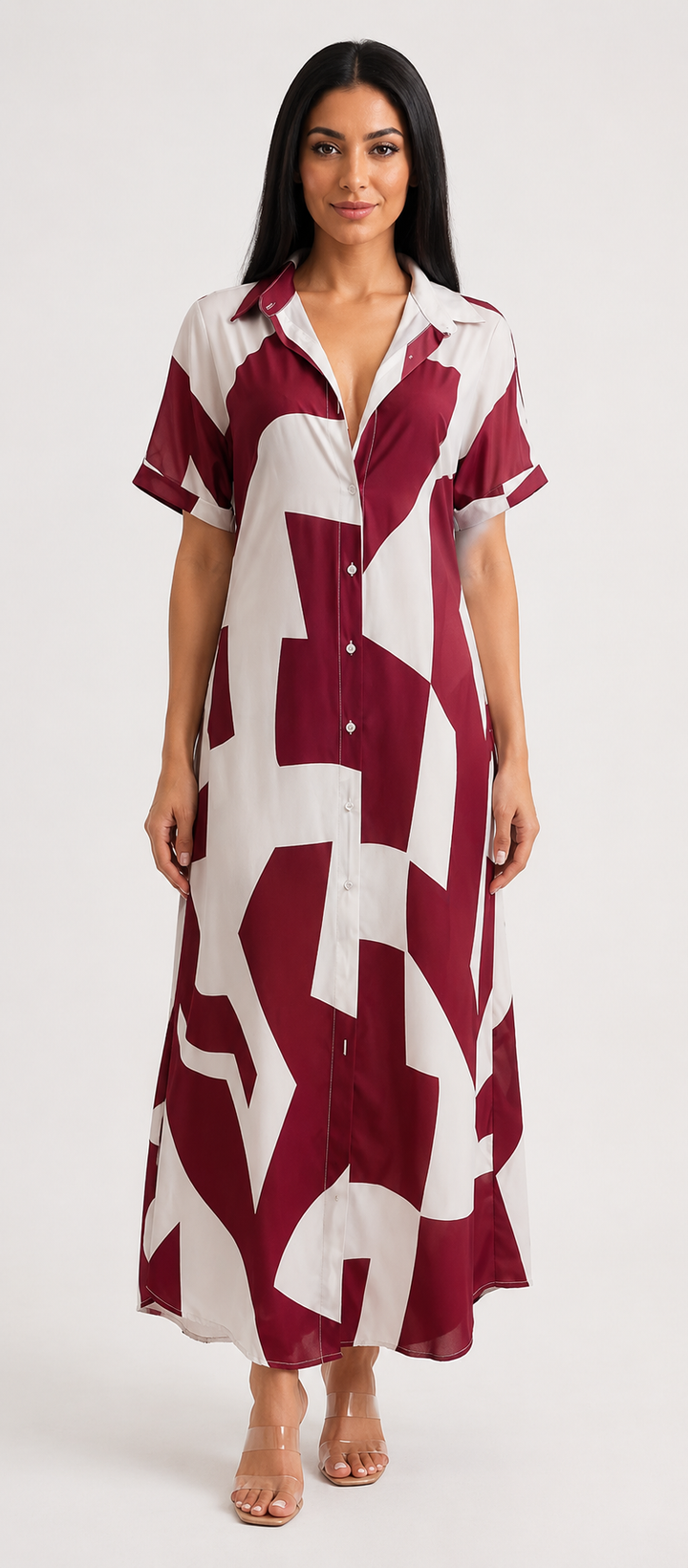 Abstract Print Button-Front Maxi Shirt Dress - Chic