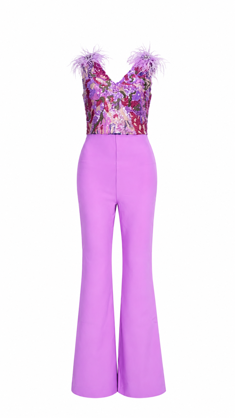 Lilac Sequin Feather Jumpsuit - Amora