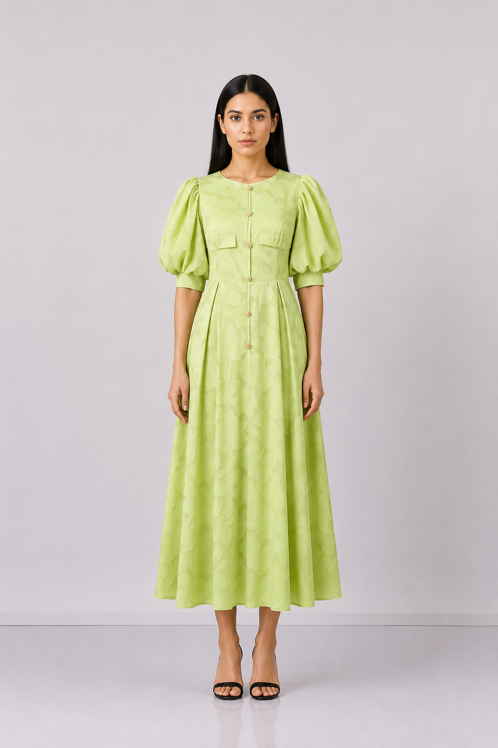Lime Puff Sleeve Jacquard Dress - Bloom