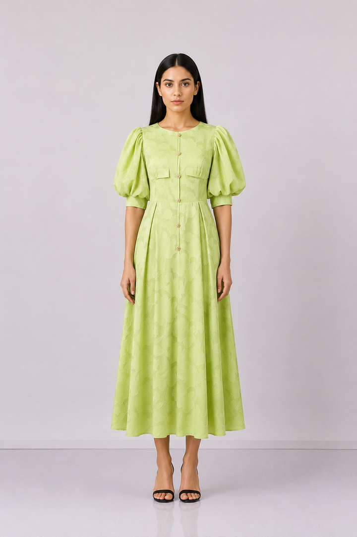 Lime Puff Sleeve Jacquard Dress - Bloom