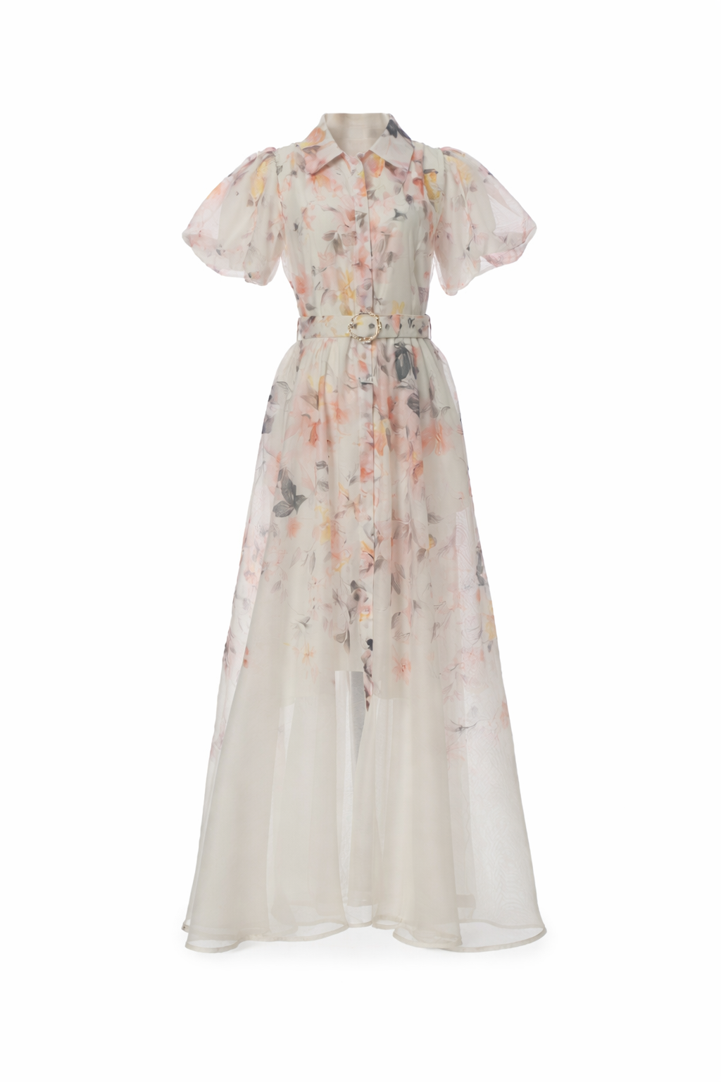 sheer floral maxi dress with puff sleeves and belt – BLOSSOM