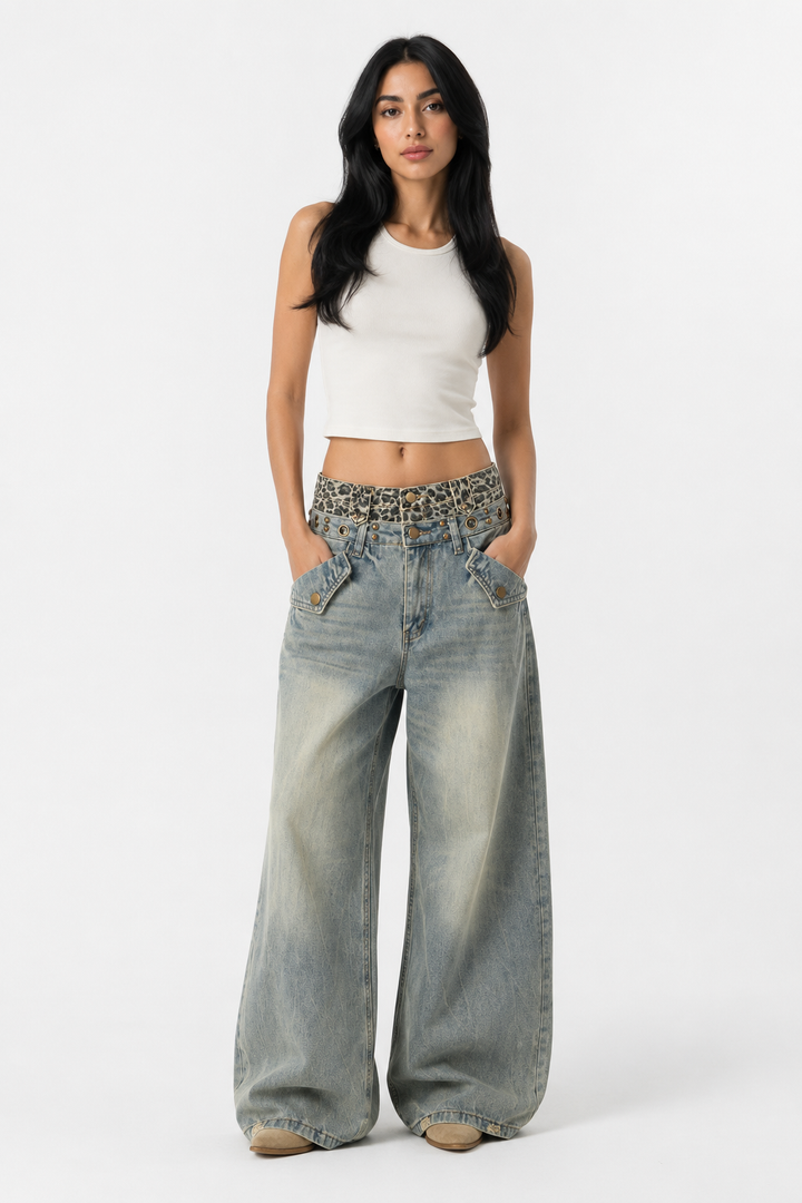 Vintage Washed Wide-Leg Denim Pants - Streetwear