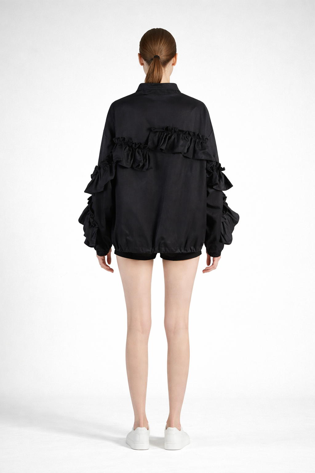 Black Ruffle Sleeve Zip Up Jacket- Mariat