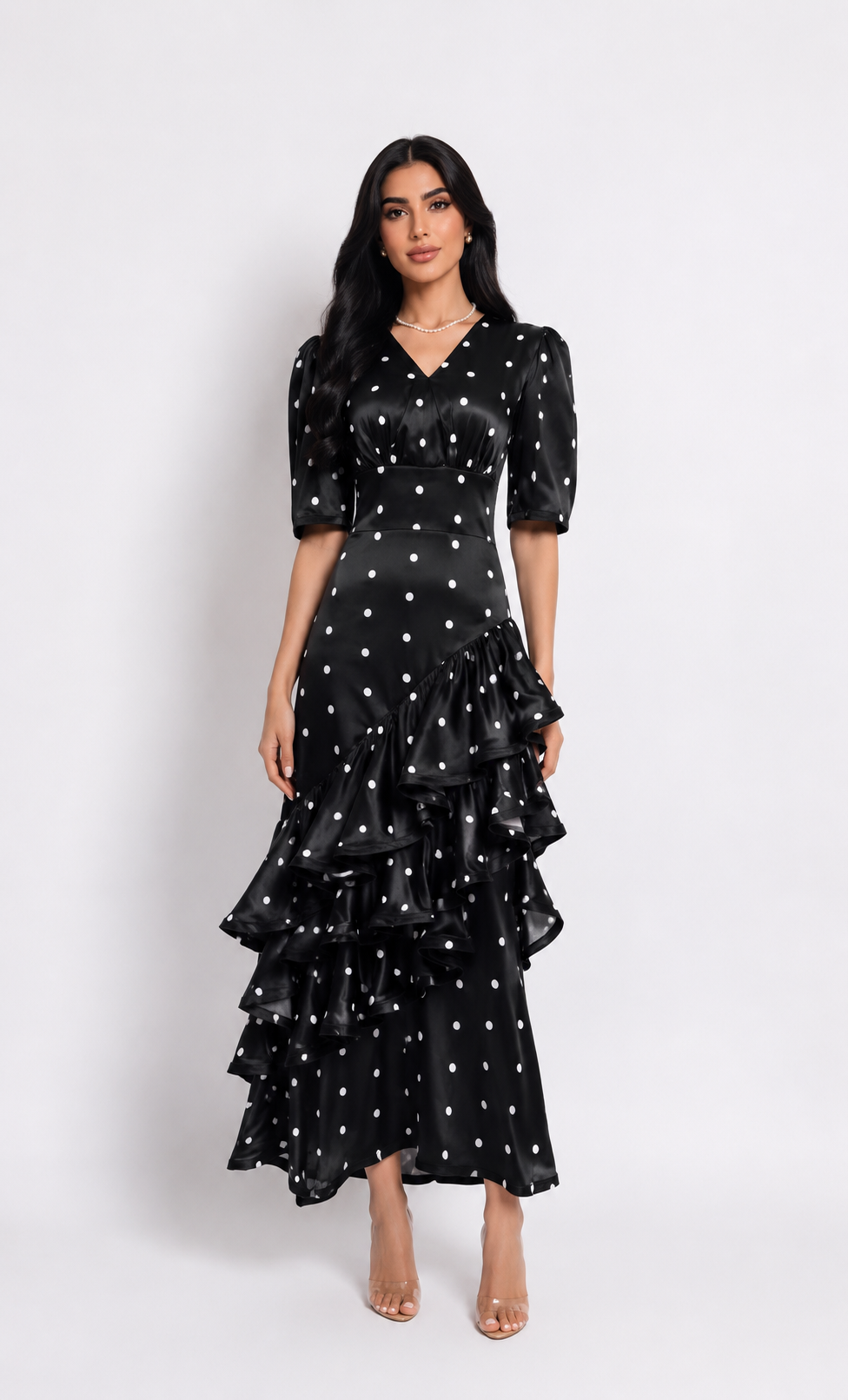 Polka Dot Ruffle Satin Dress - Valentina