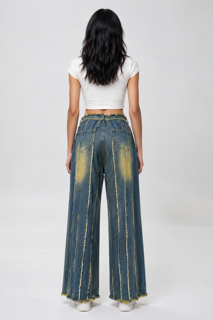 Raw Edge Striped Wide Leg Jeans - Urban