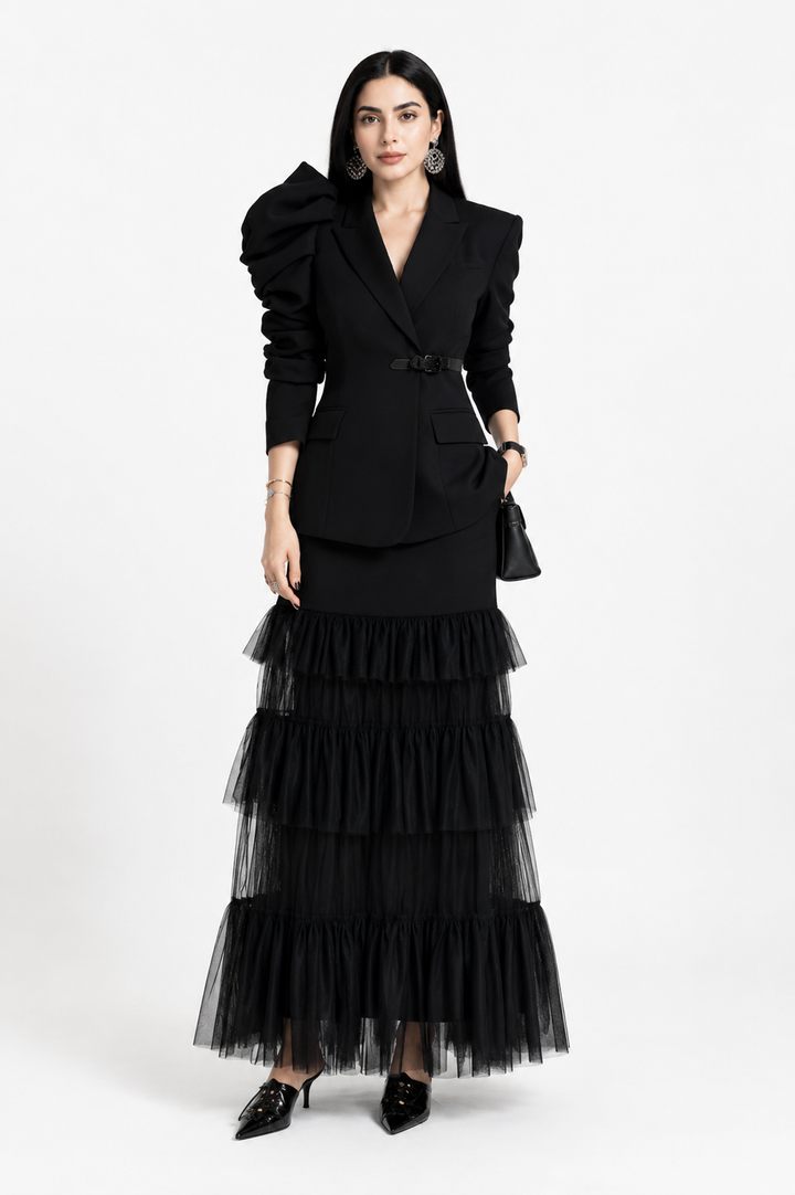 Elegant Ruffle Sleeve Blazer & Tiered Tulle Maxi Dress Set - Luxury