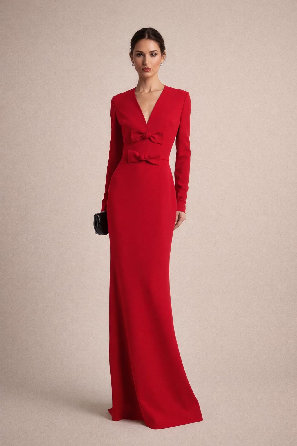 long sleeve V-neck gown with double bow detail – WALID