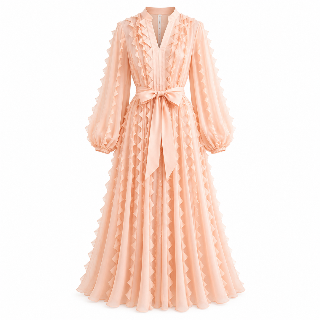 Ruffled Chiffon Tie-Waist Midi Dress - Ivory