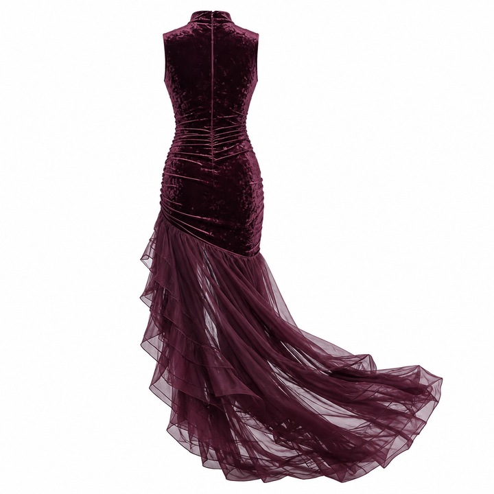 Velvet High-Low Evening Dress - Burgundy