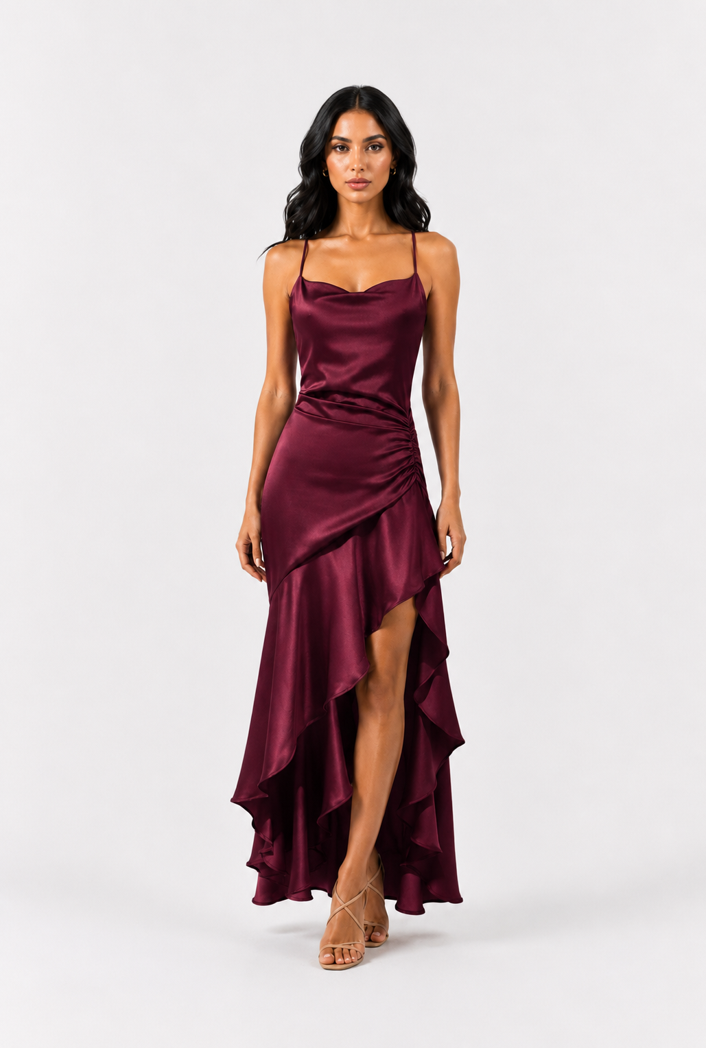 Ruby Satin High-Low Evening Dress — Scarlet