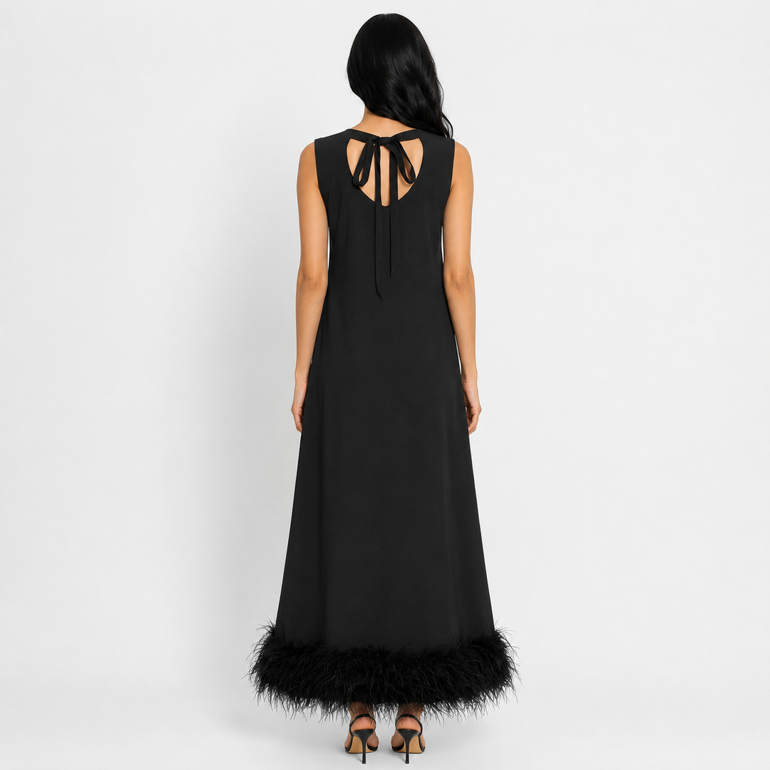 Feather Hem Shift Midi Dress - Ivory
