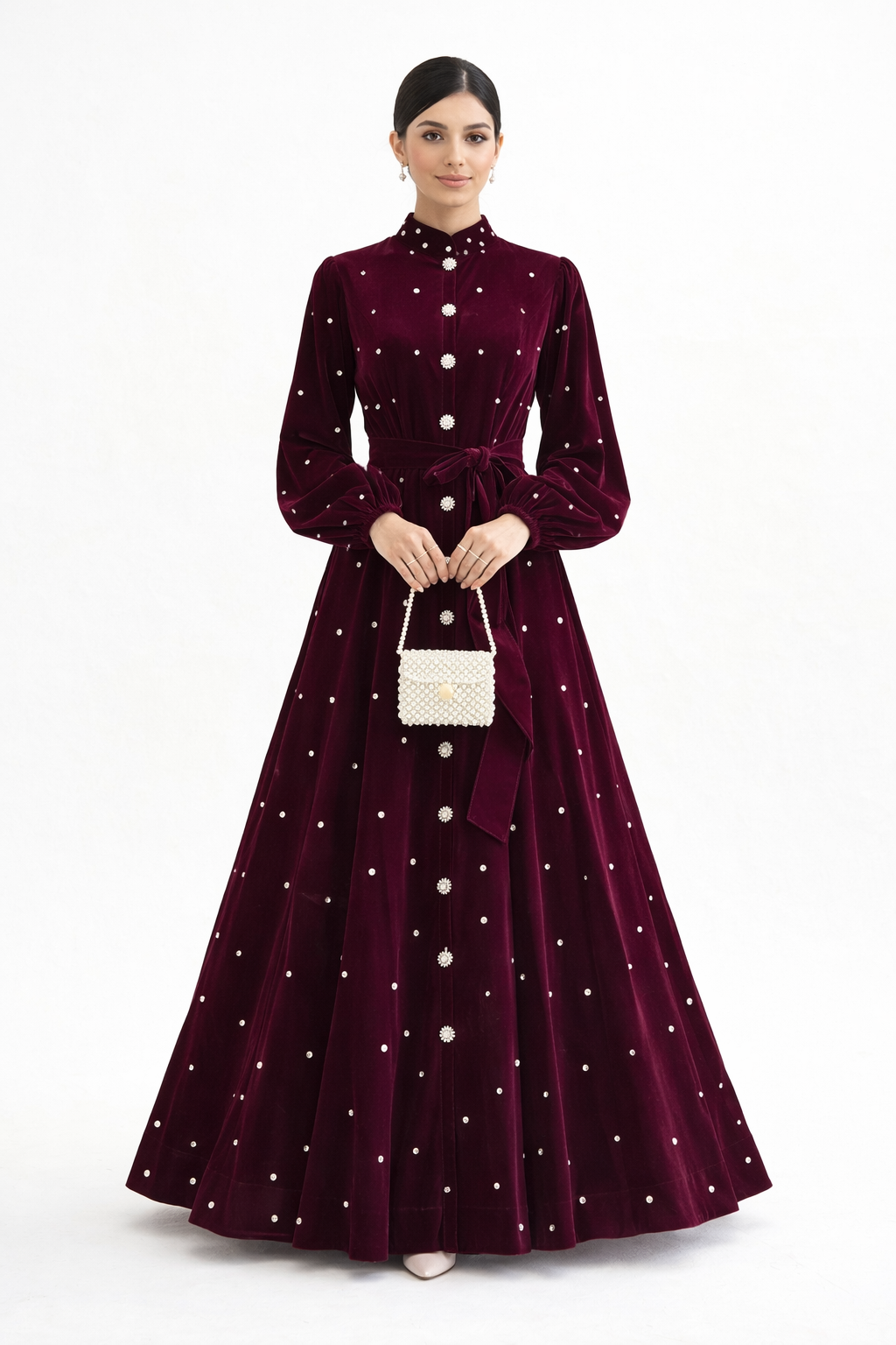 pearl-embellished velvet midi dress with waist tie – CELESTE