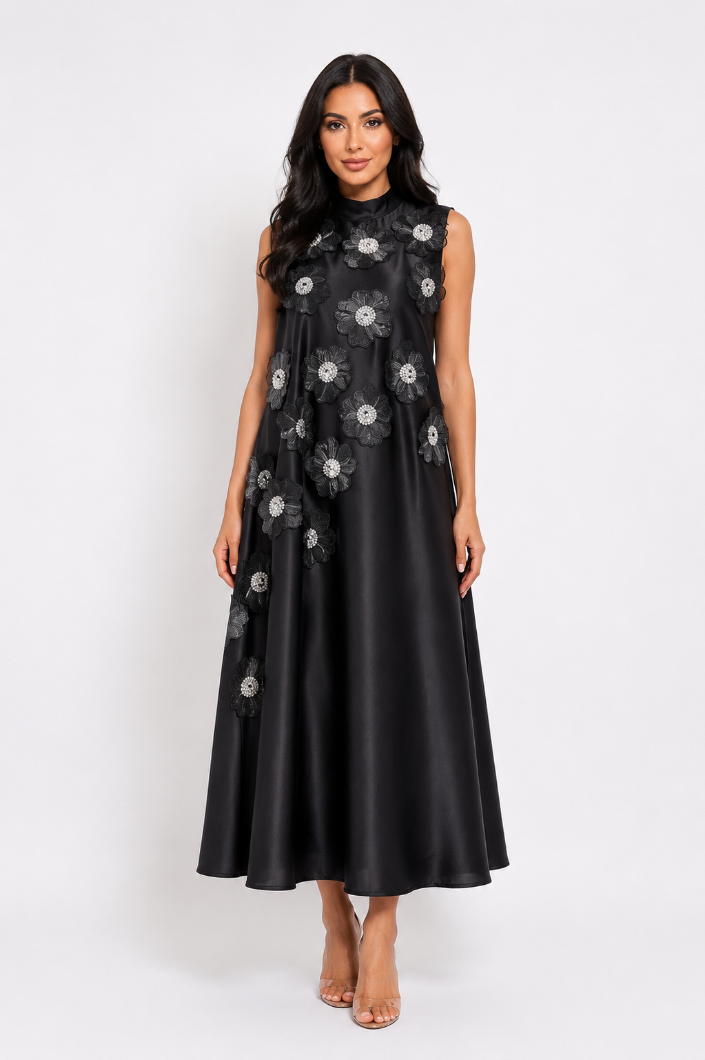 Floral Appliqué Satin A-Line Dress - Champagne