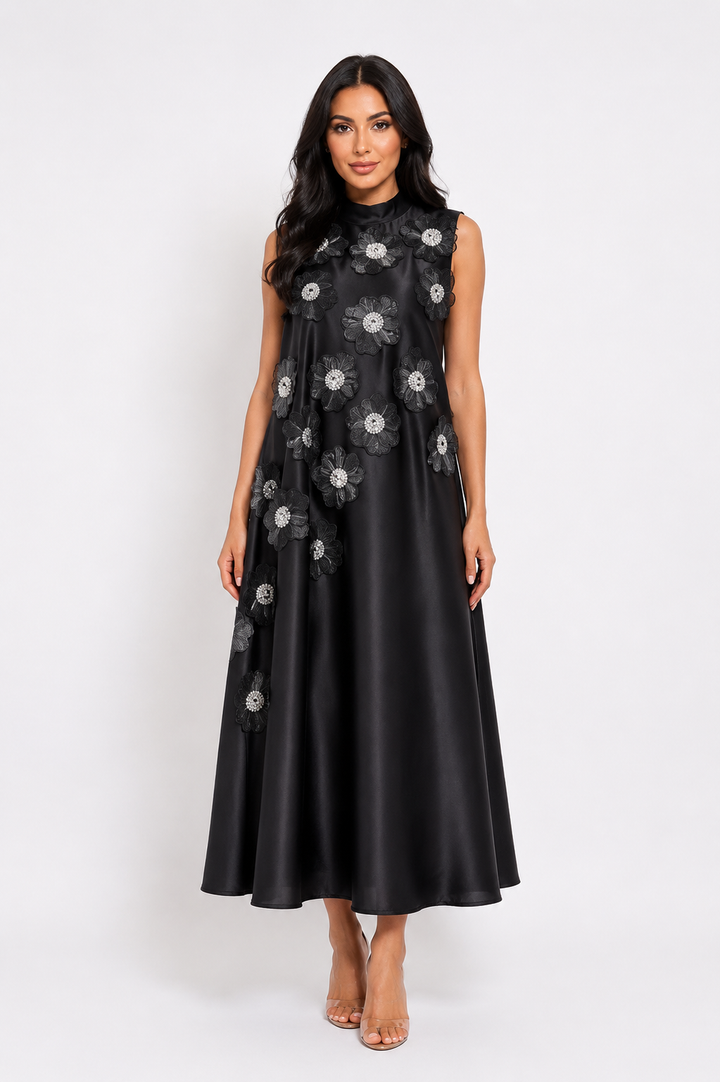 Floral Appliqué Satin A-Line Dress - Champagne