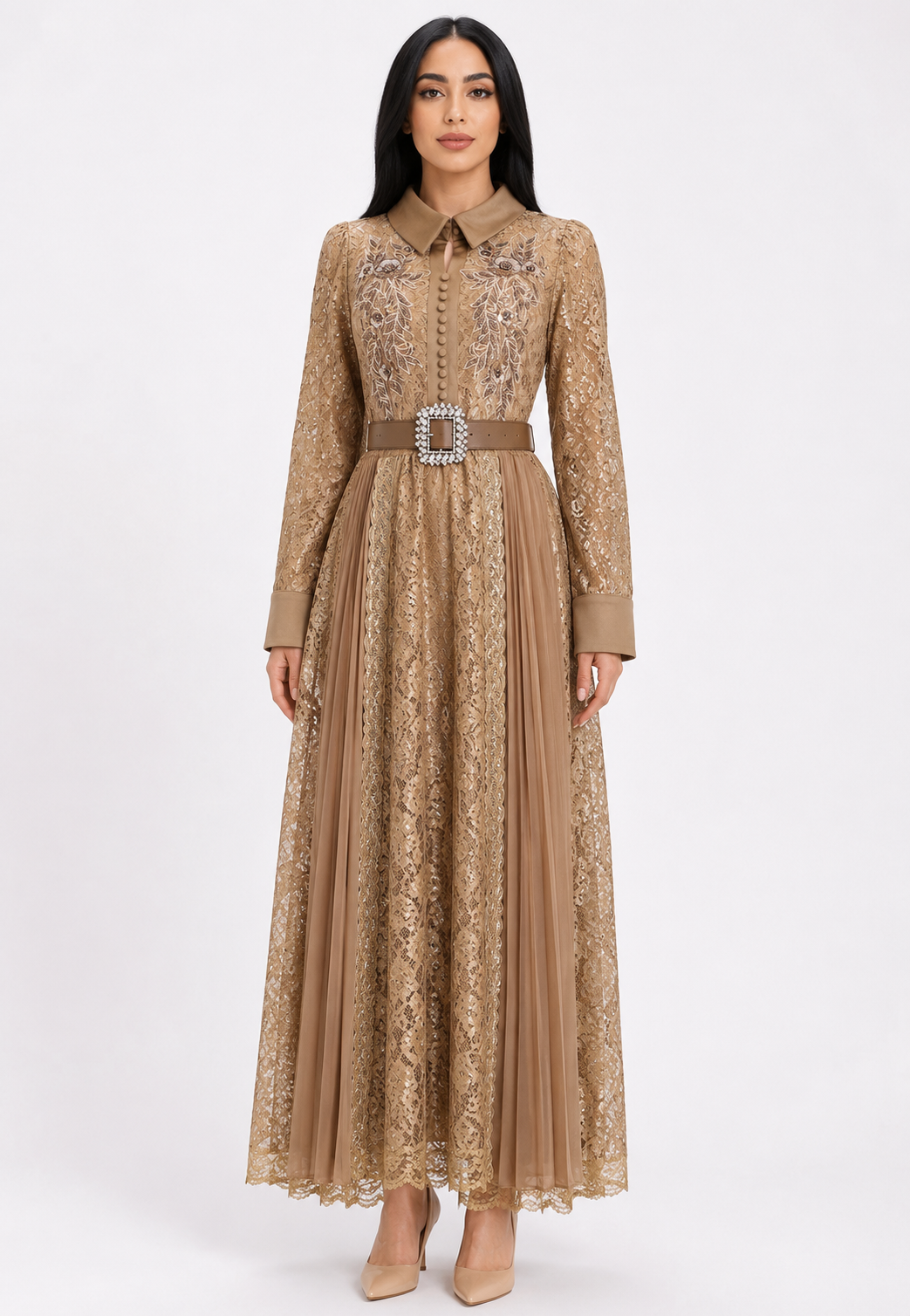 Golden Lace Pleated Maxi Dress - Majesty
