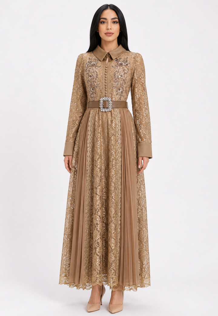 Golden Lace Pleated Maxi Dress - Majesty