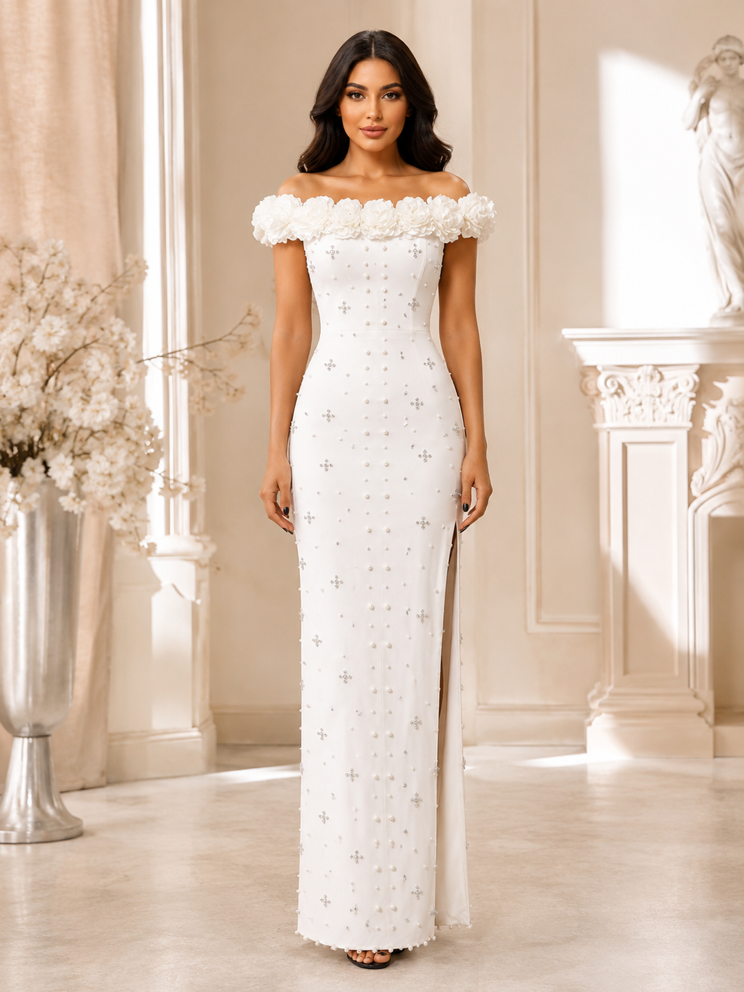 Royal Blue Pearl Embellished Evening Gown - Elegance