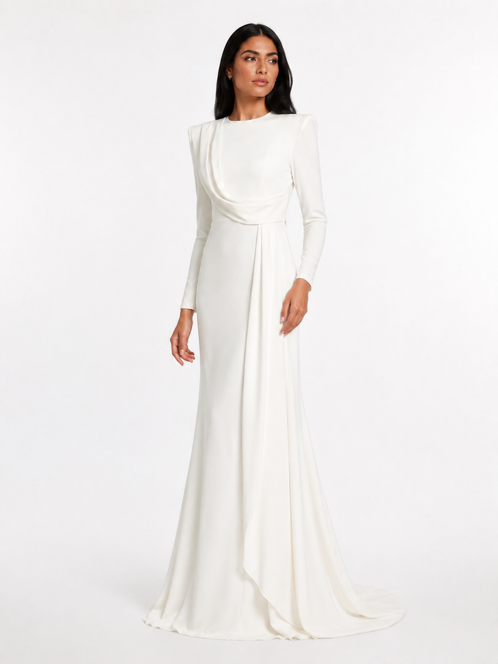 Draped Long Sleeve Maxi Gown - Pearl
