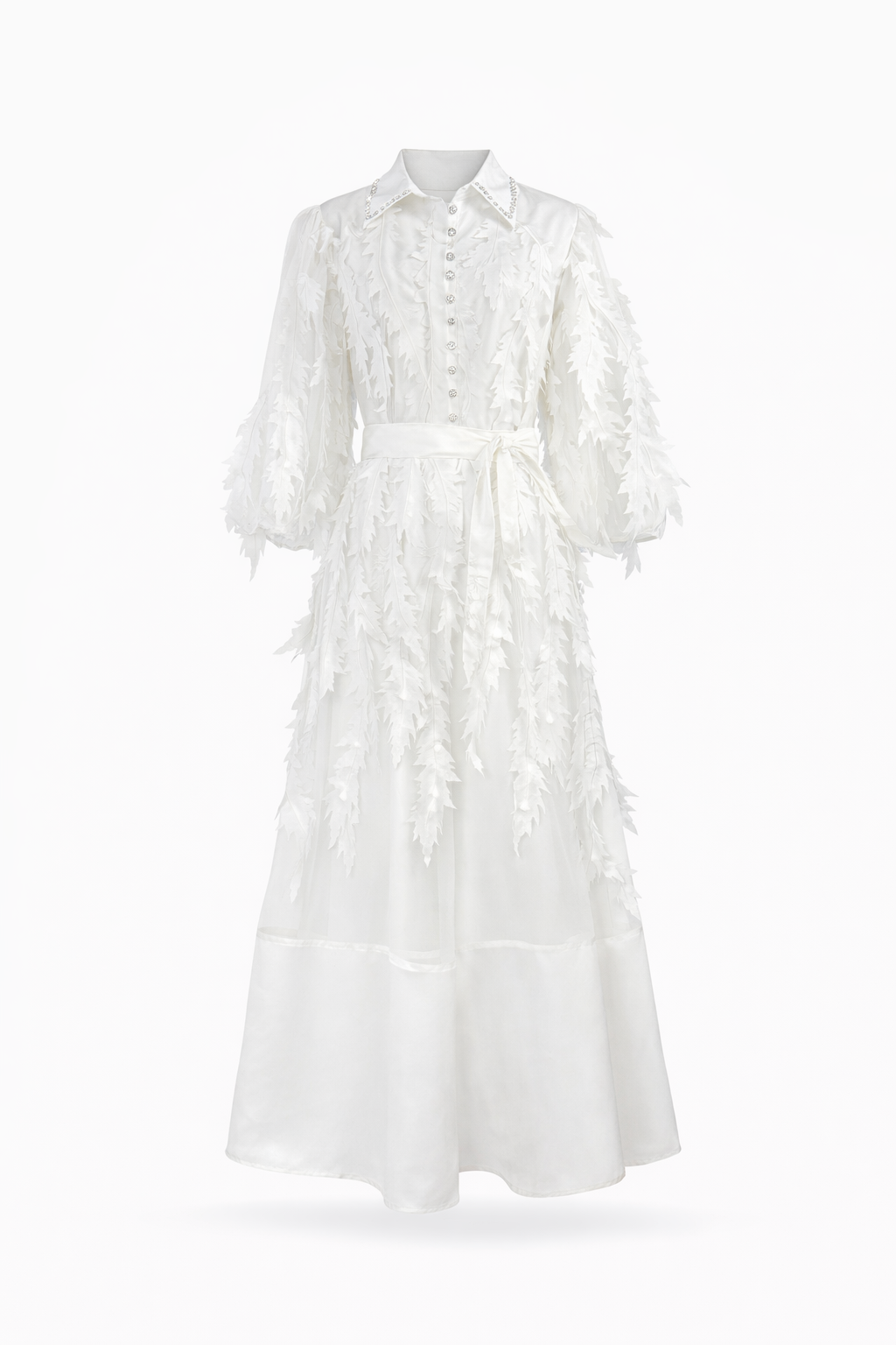 long sleeve chiffon dress with 3D leaf appliqué and belted waist – VIOLET