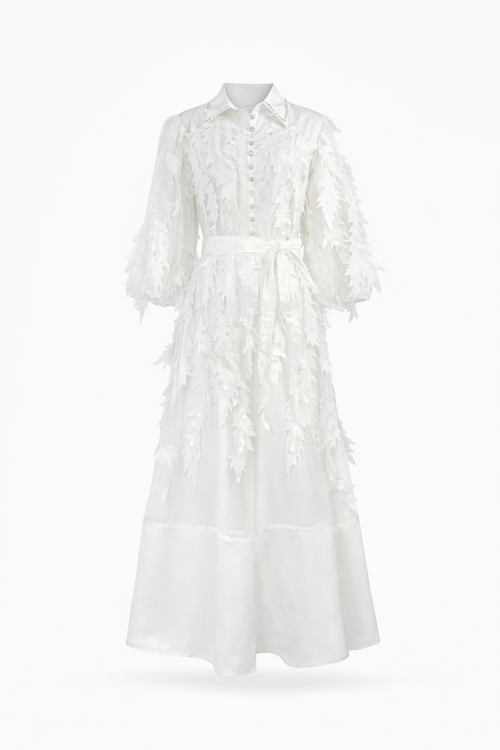 long sleeve chiffon dress with 3D leaf appliqué and belted waist – VIOLET