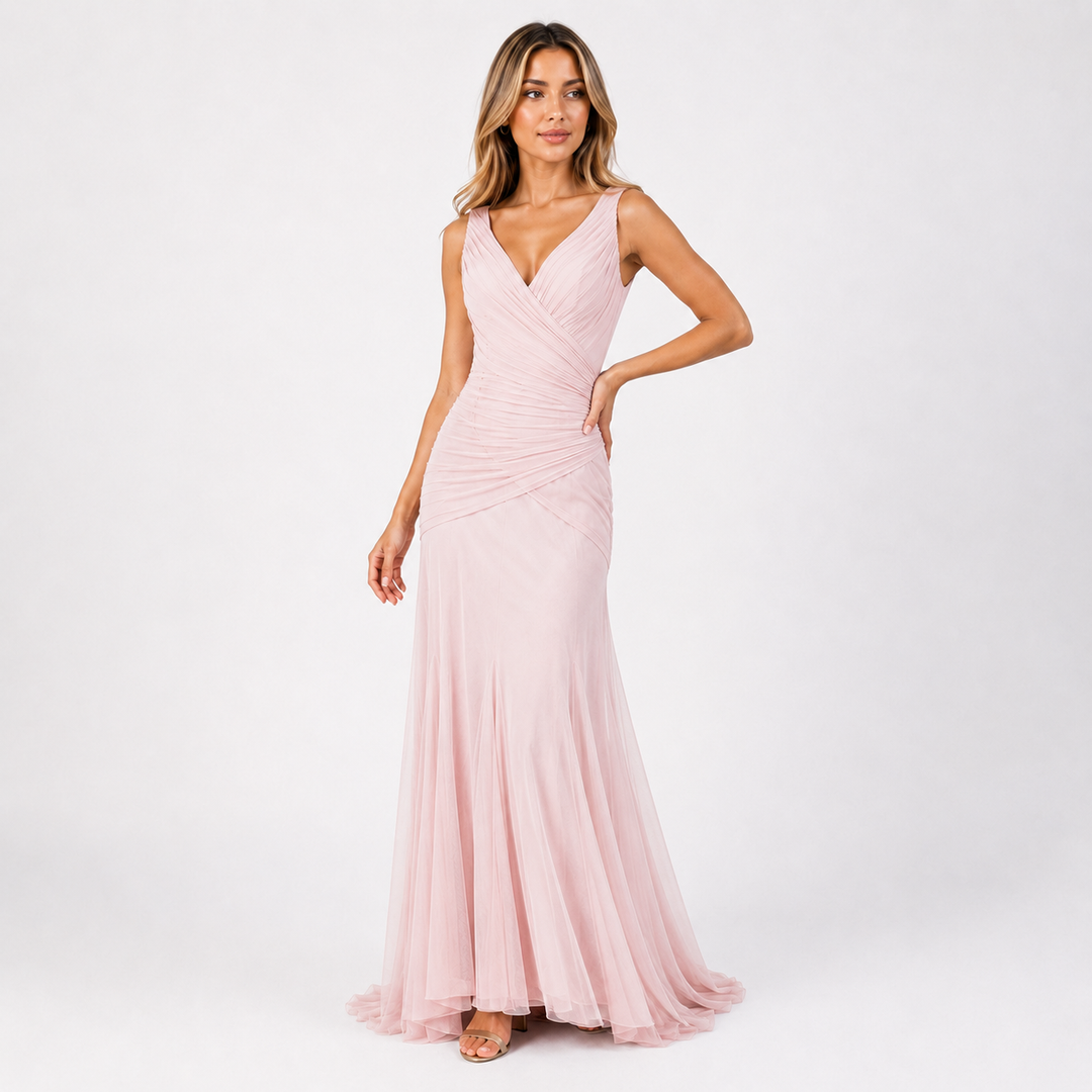 Ruched V-Neck Mermaid Evening Gown - Burgundy