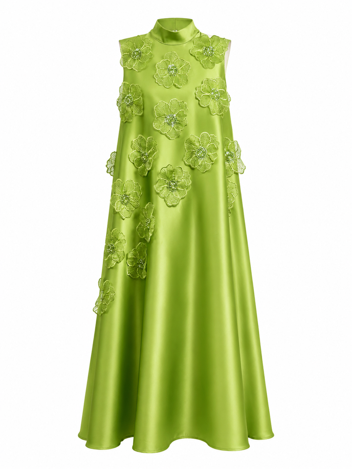 Floral Appliqué Satin A-Line Dress - Champagne