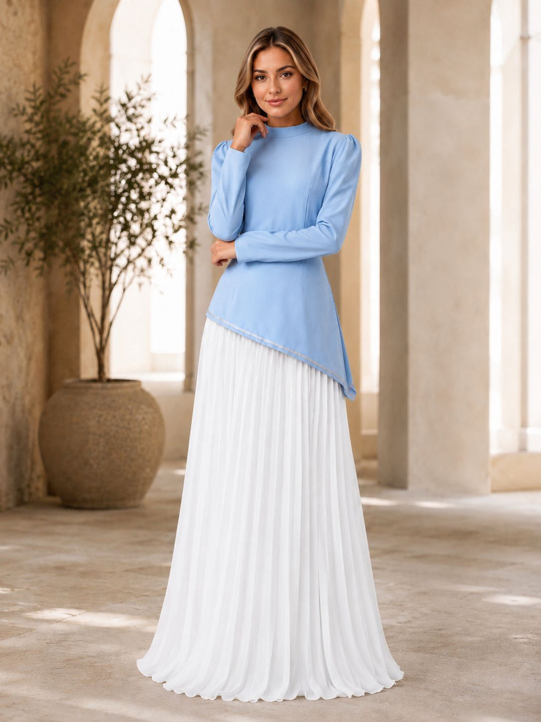 Pleated Chiffon Maxi Dress Set - Sky