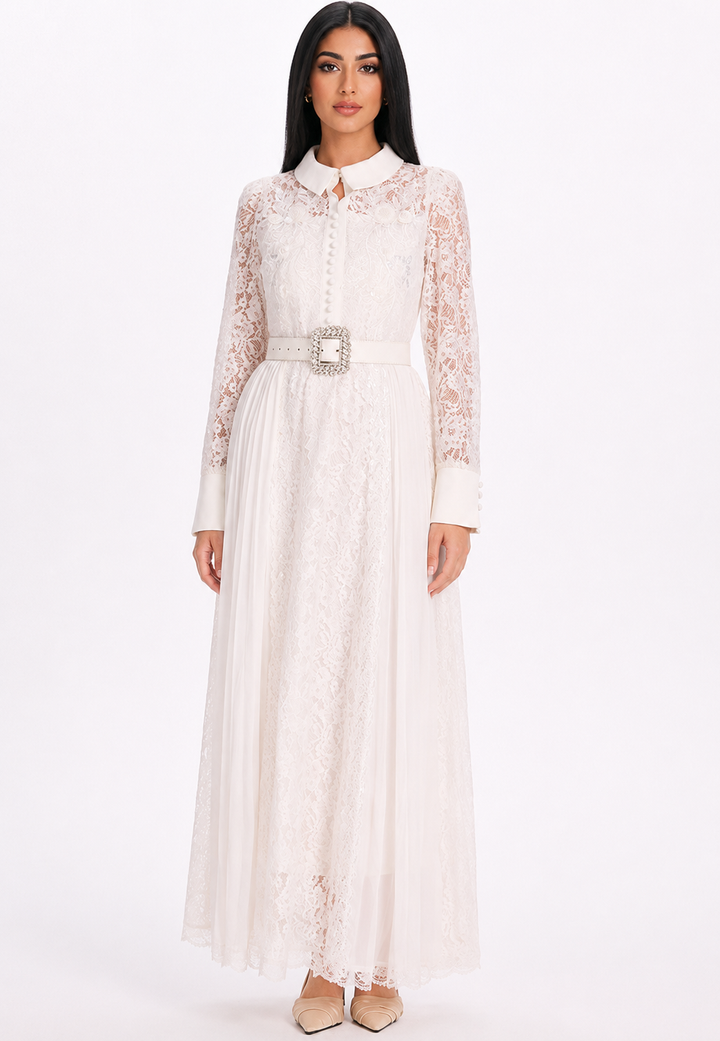 Golden Lace Pleated Maxi Dress - Majesty