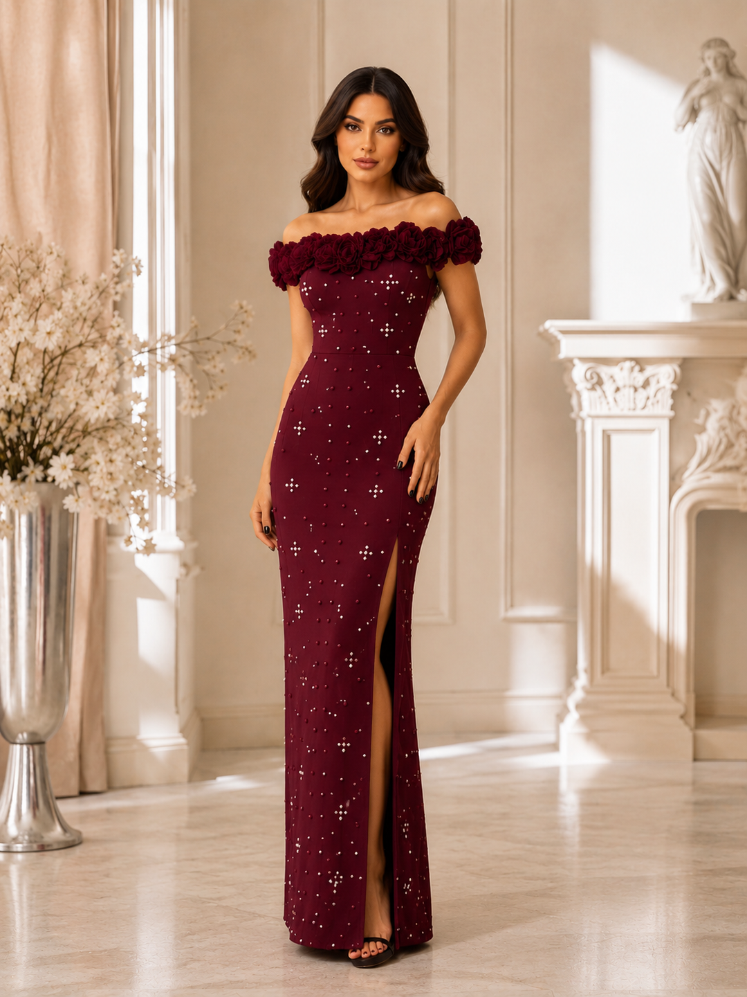 Royal Blue Pearl Embellished Evening Gown - Elegance