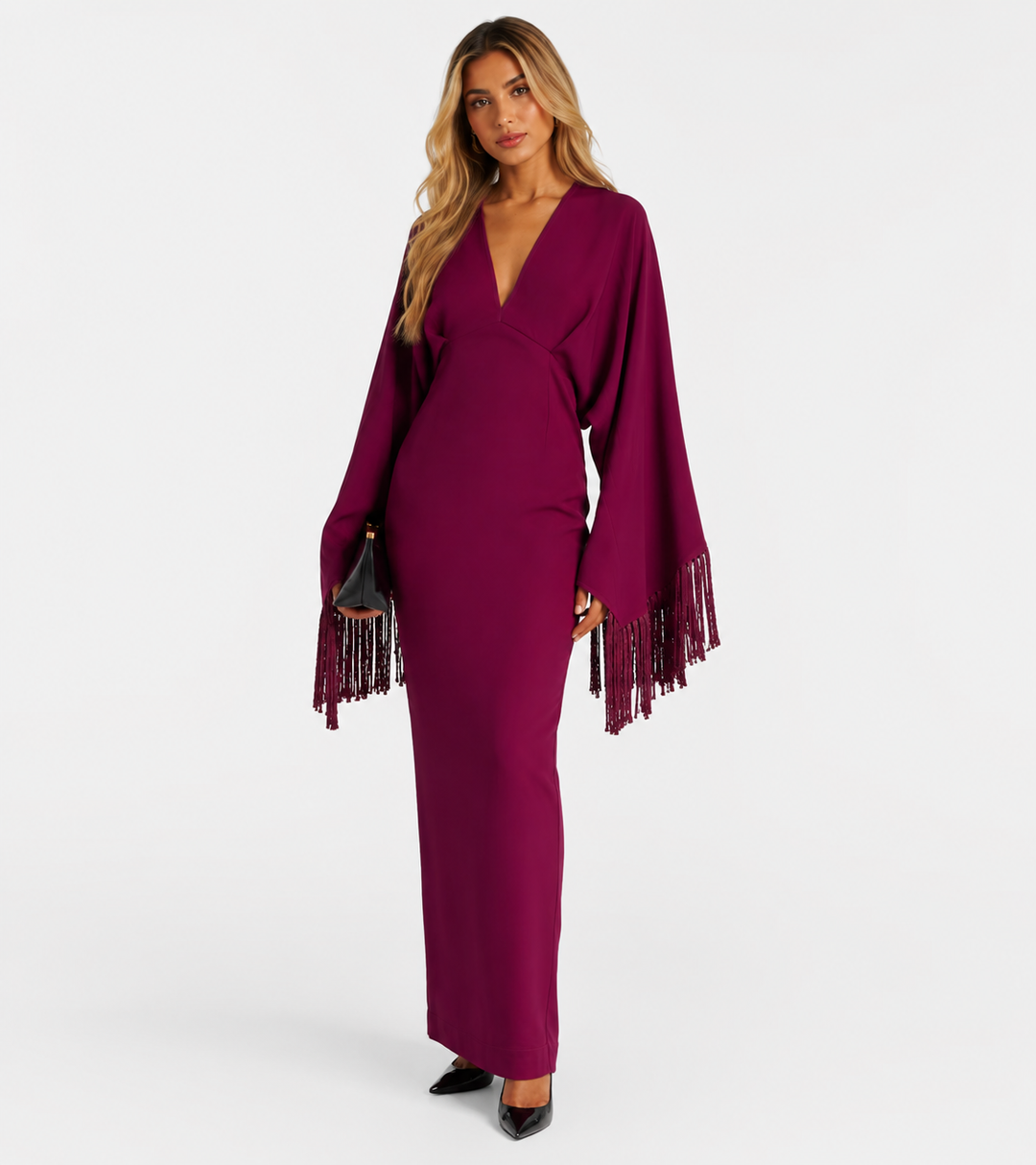 Magenta Fringe Sleeve Evening Gown - Amara