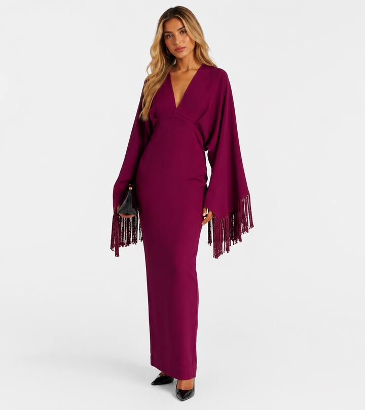 Magenta Fringe Sleeve Evening Gown - Amara