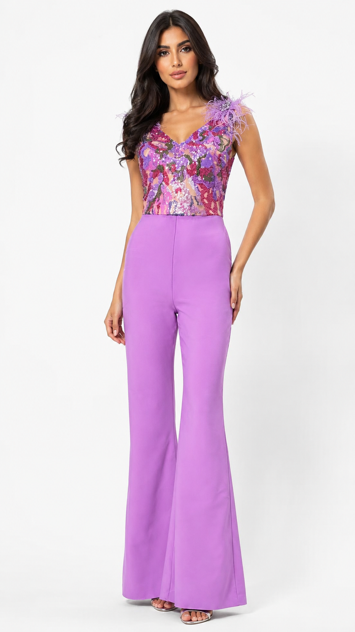 Lilac Sequin Feather Jumpsuit - Amora