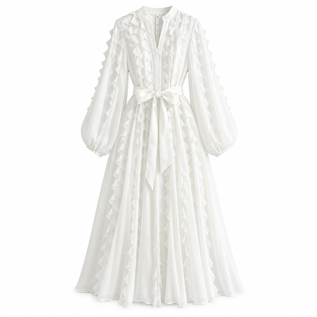 Ruffled Chiffon Tie-Waist Midi Dress - Ivory