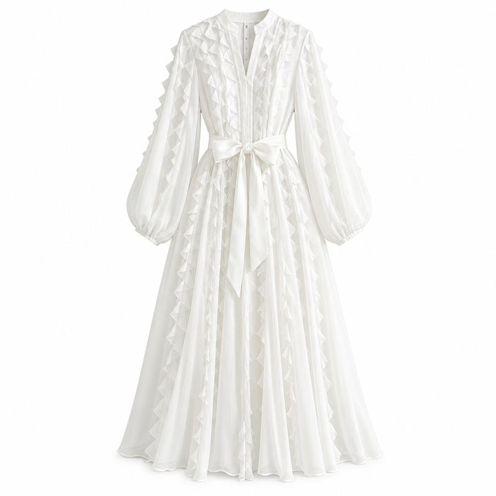 Ruffled Chiffon Tie-Waist Midi Dress - Ivory