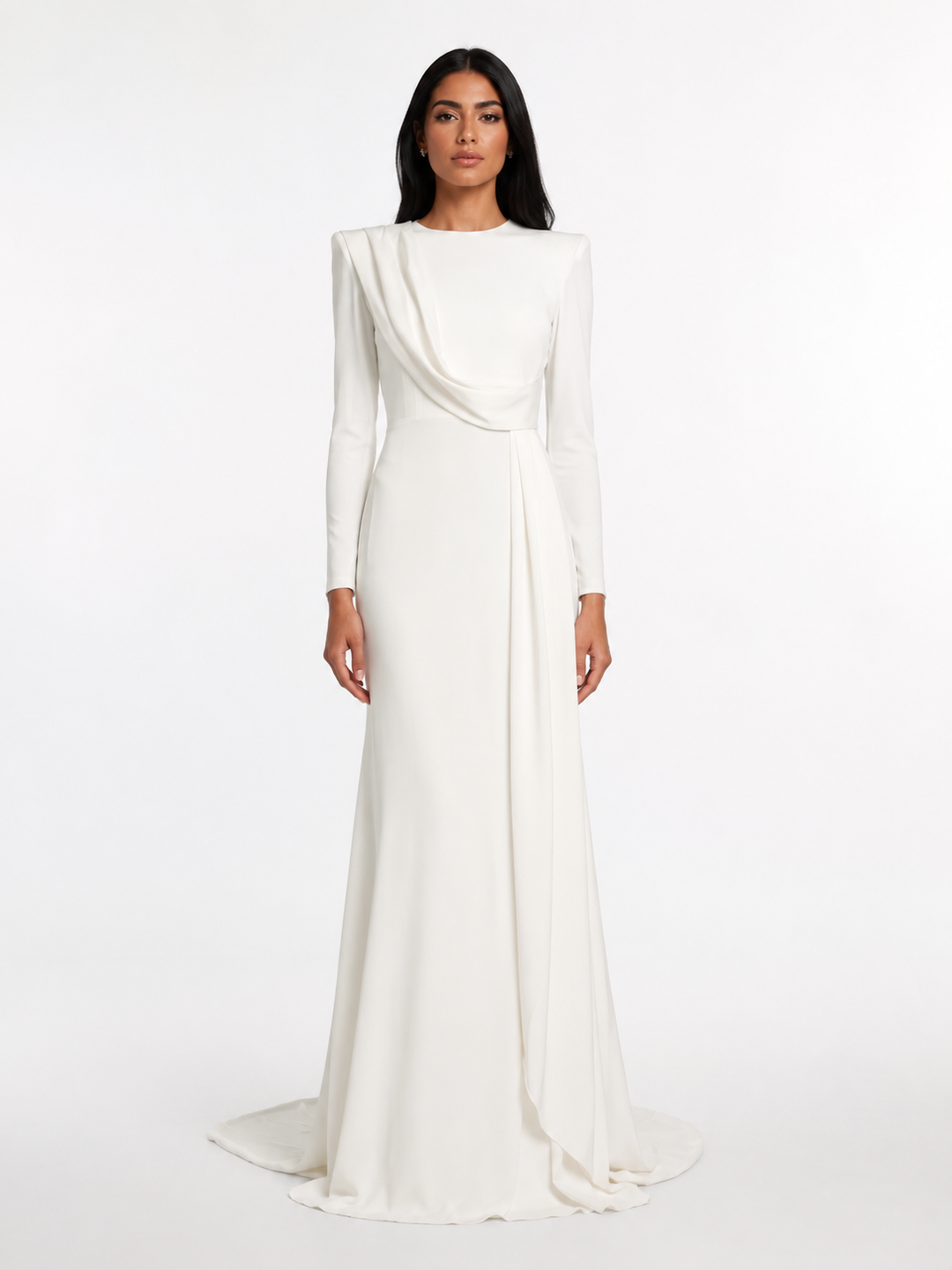 Draped Long Sleeve Maxi Gown - Pearl
