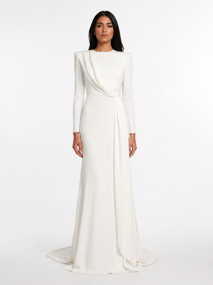 Draped Long Sleeve Maxi Gown - Pearl