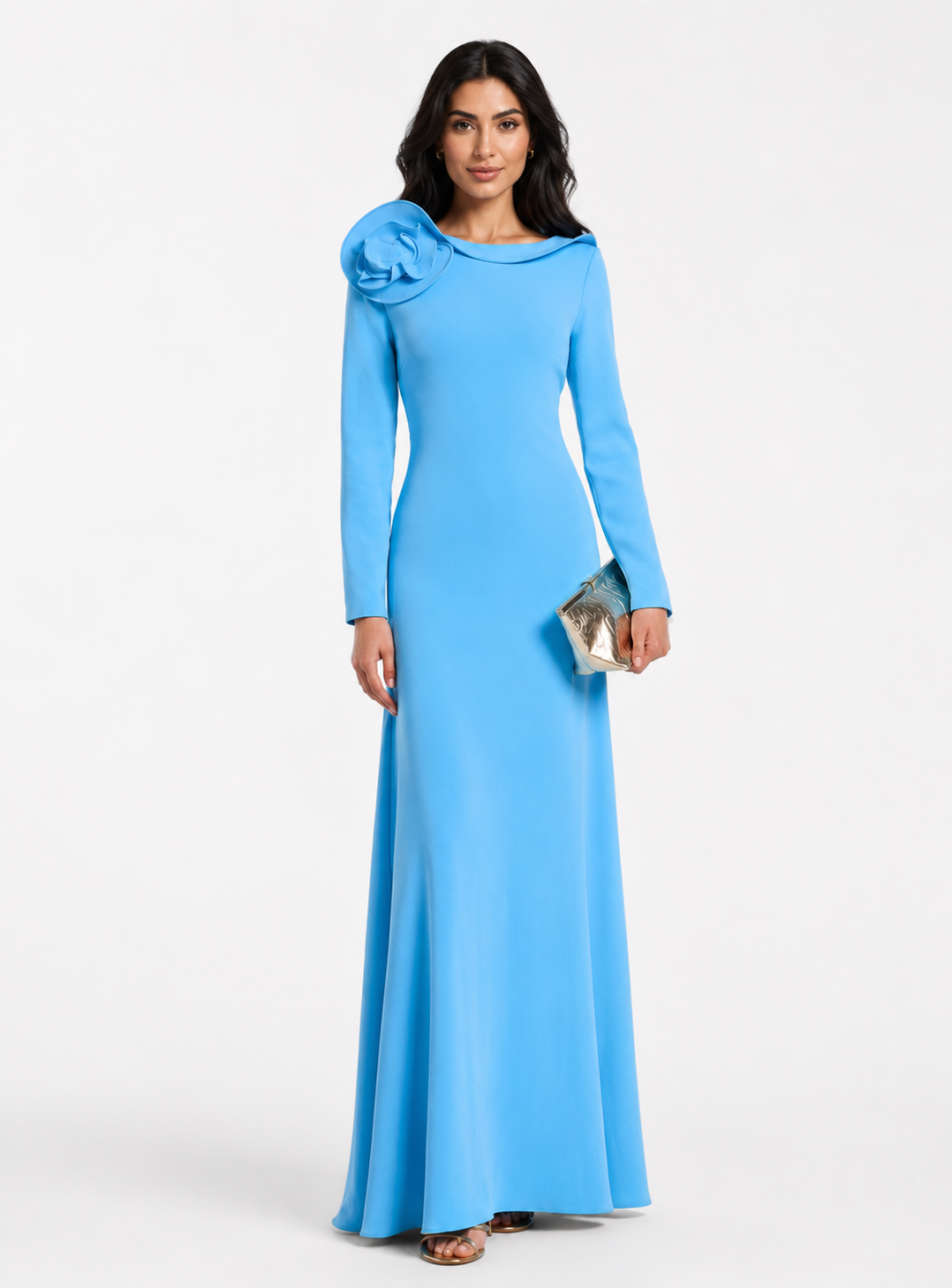 Sky Blue Rosette Shoulder Gown - Azure