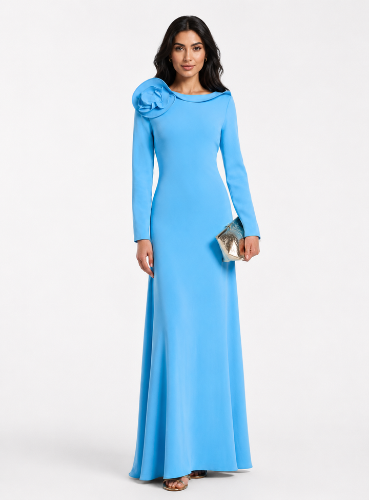 Sky Blue Rosette Shoulder Gown - Azure