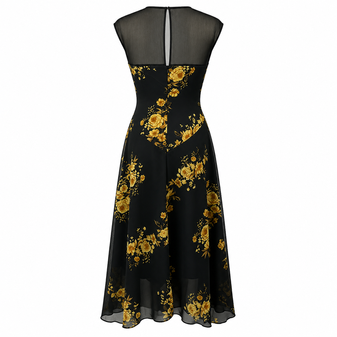 Black Floral Mesh Midi Dress - Midnight