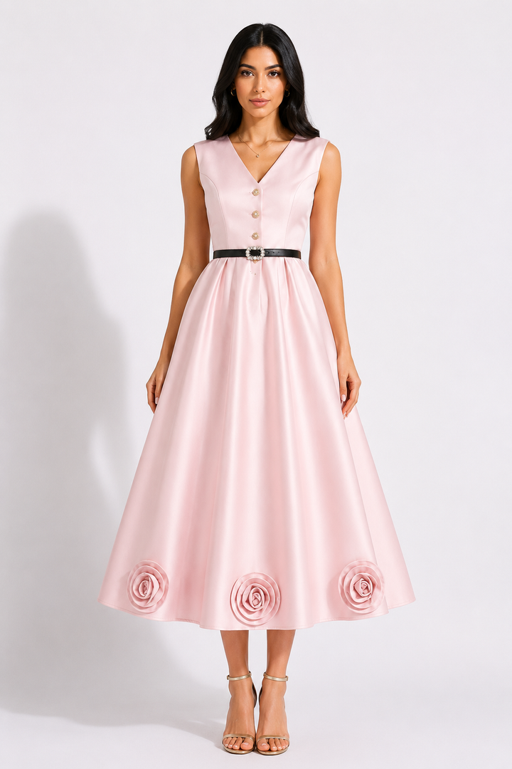 Elegant Floral Hem Midi Dress - Timeless
