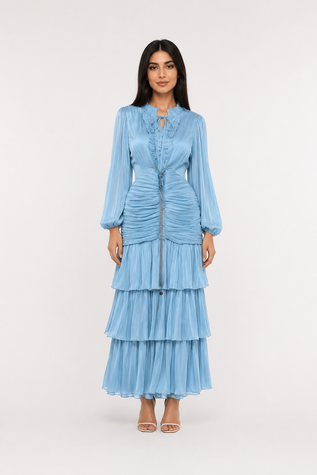 Elegant Ruched Chiffon Midi Dress - Romantic