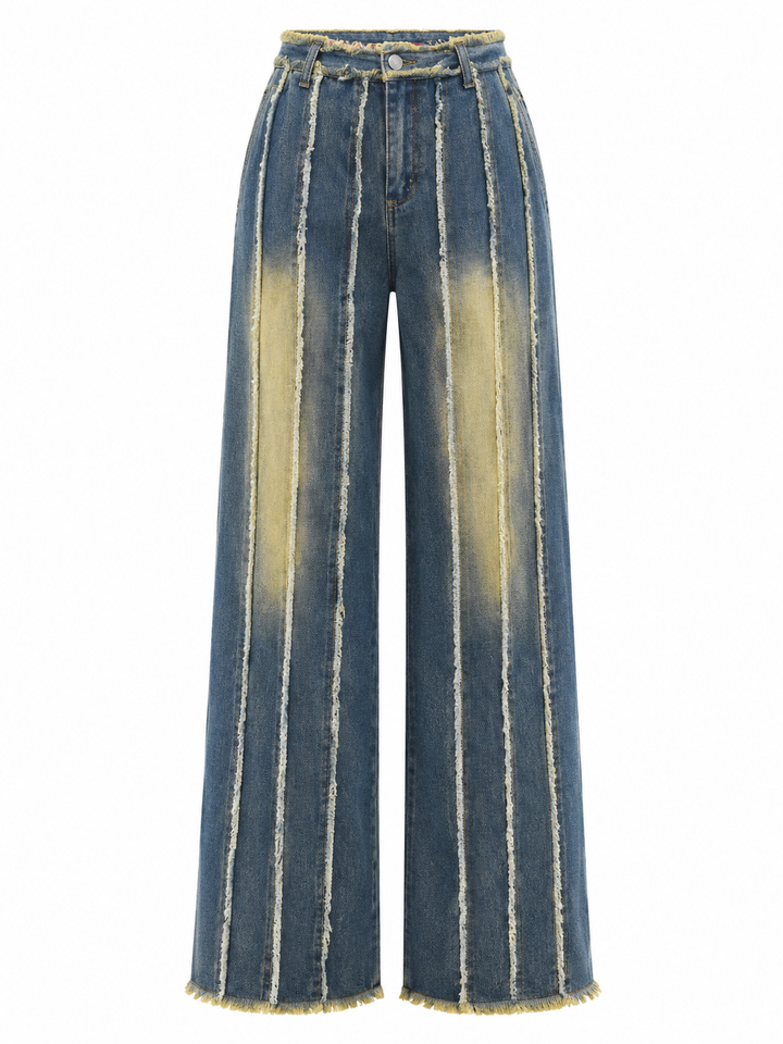Raw Edge Striped Wide Leg Jeans - Urban