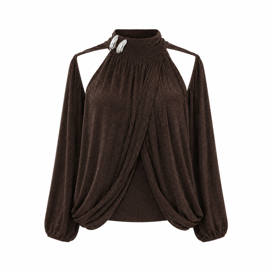 Mocha Shimmer Draped Blouse - Luxe